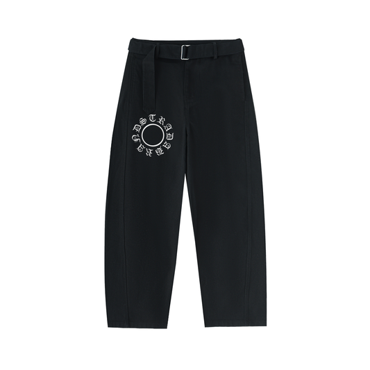 Twisted-Seam Belted Curved-Blade Pants